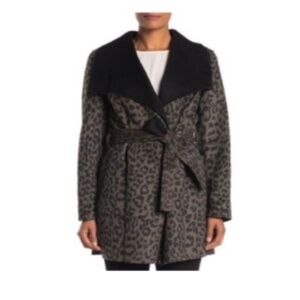 Tahari Ella Leopard Double Faced Wool Blend Wrap Belted Coat Size Medium
